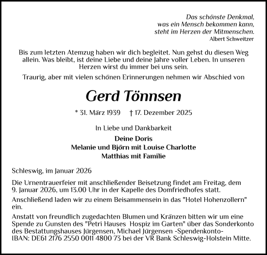 Traueranzeige von Gerd Tönnsen von Schleswiger Nachrichten, Schlei-Bote