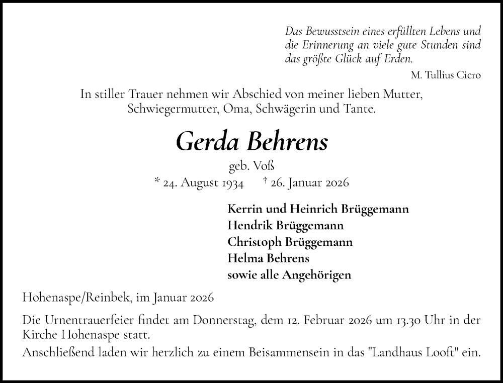  Traueranzeige für Gerda Behrens vom 31.01.2026 aus Norddeutsche Rundschau, Wilstersche Zeitung, Glückstädter Fortuna