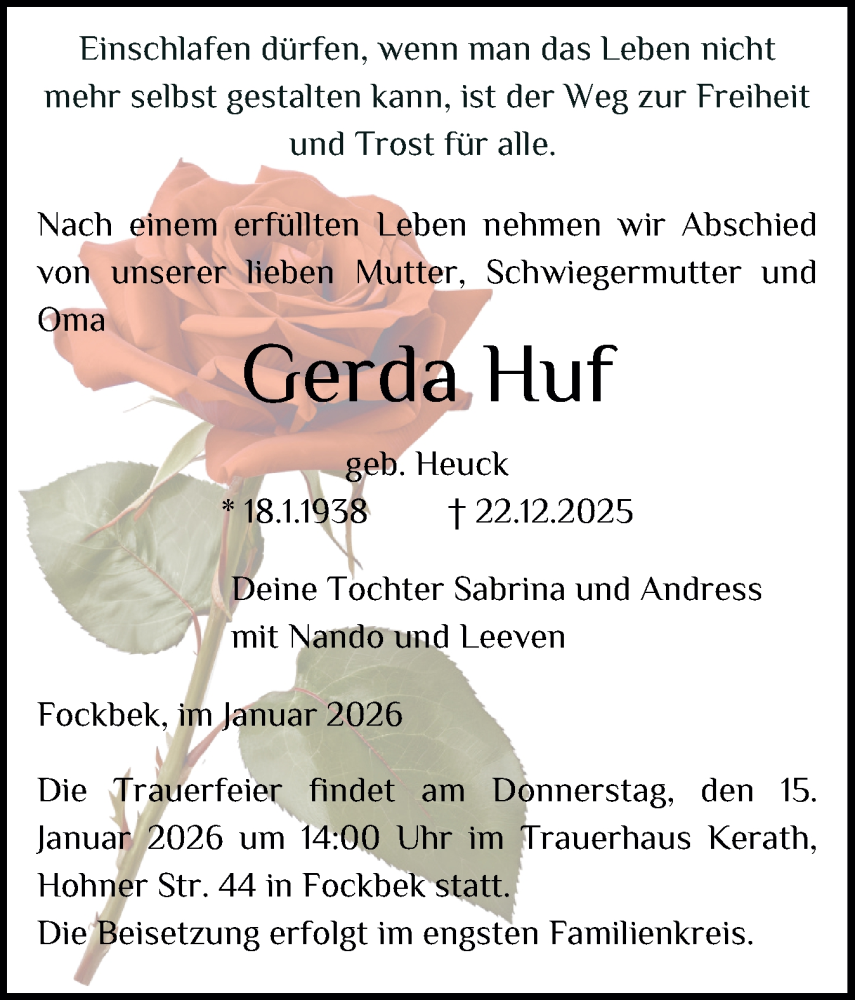 Traueranzeige für Gerda Huf vom 10.01.2026 aus Schleswig-Holsteinische Landeszeitung