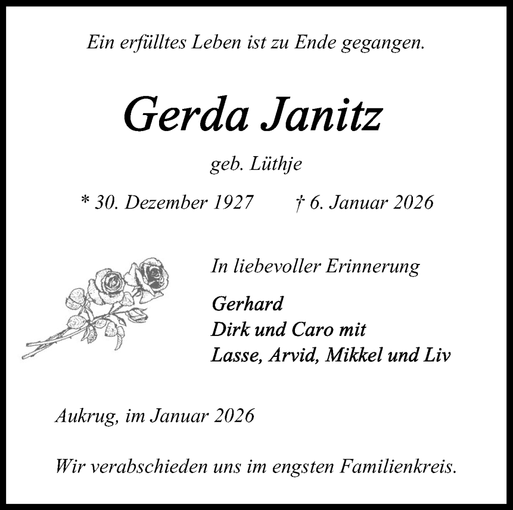  Traueranzeige für Gerda Janitz vom 10.01.2026 aus Schleswig-Holsteinische Landeszeitung