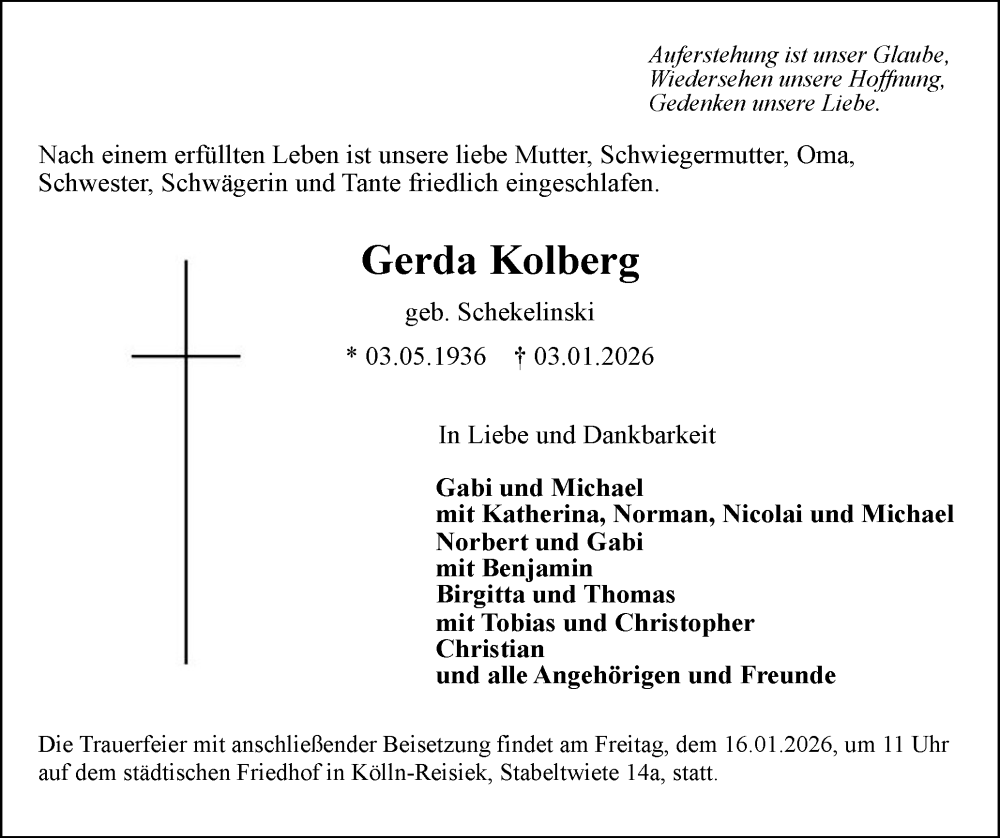  Traueranzeige für Gerda Kolberg vom 10.01.2026 aus Elmshorner Nachrichten, Barmstedter Zeitung