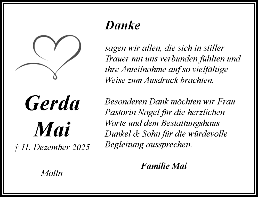  Traueranzeige für Gerda Mai vom 10.01.2026 aus MARKT Ratzeburg/Mölln