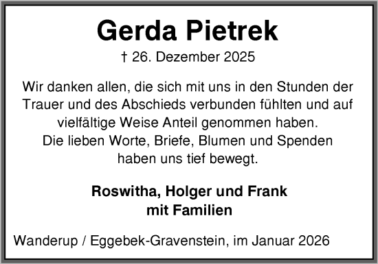 Traueranzeige von Gerda Pietrek von Flensburger Tageblatt