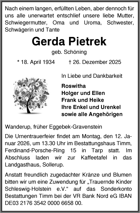 Traueranzeige von Gerda Pietrek von Flensburger Tageblatt
