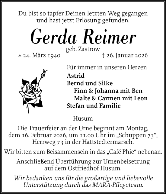 Traueranzeige von Gerda Reimer von Husumer Nachrichten, Nordfriesland Tageblatt