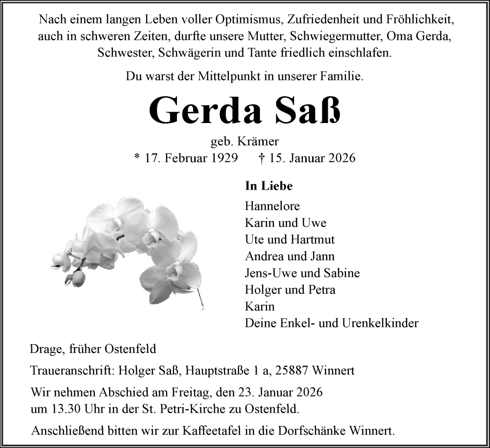  Traueranzeige für Gerda Saß vom 20.01.2026 aus Husumer Nachrichten, Nordfriesland Tageblatt