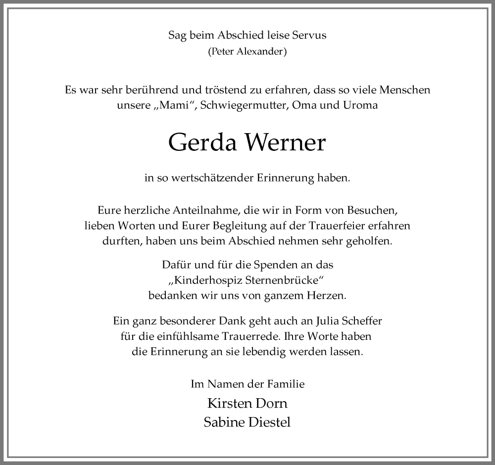  Traueranzeige für Gerda Werner vom 31.01.2026 aus Umschau