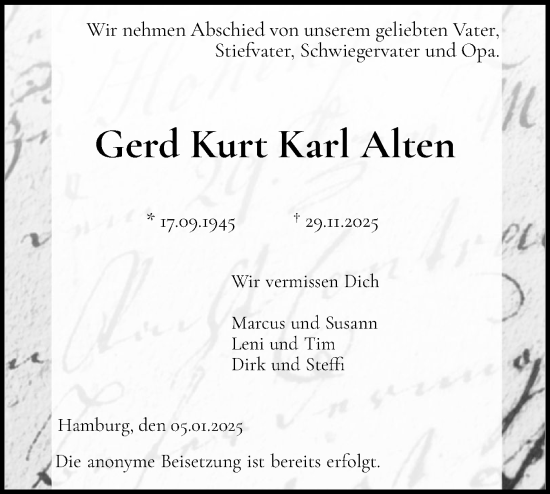Traueranzeige von Gerd Kurt Karl Alten von Region Pinneberg und tip Pinneberg