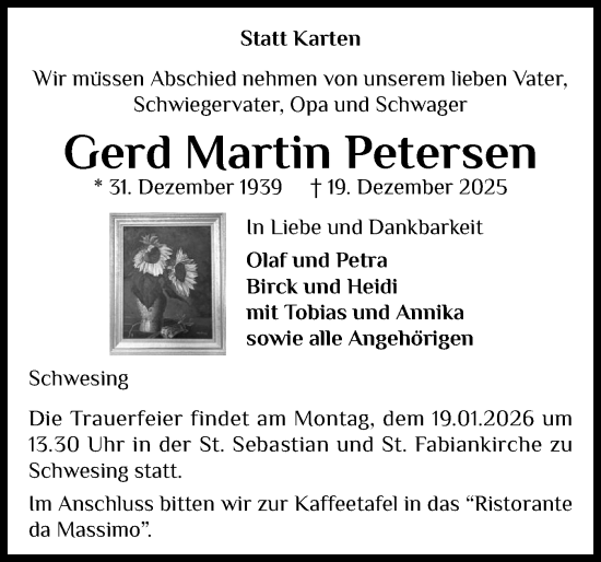 Traueranzeige von Gerd Martin Petersen von Husumer Nachrichten, Nordfriesland Tageblatt