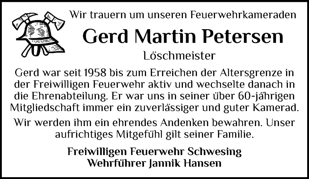  Traueranzeige für Gerd Martin Petersen vom 12.01.2026 aus Husumer Nachrichten, Nordfriesland Tageblatt