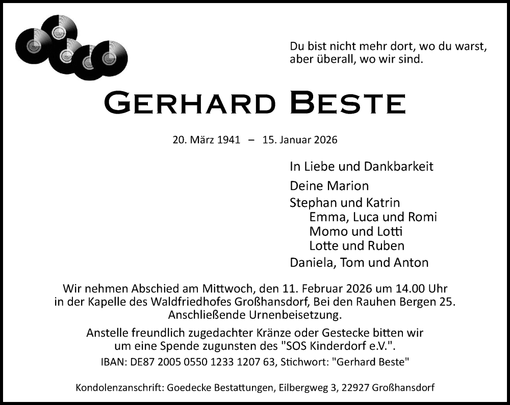  Traueranzeige für Gerhard Beste vom 31.01.2026 aus MARKT Ahrensburg/Bargteheide/Trittau und Stormarner Tageblatt