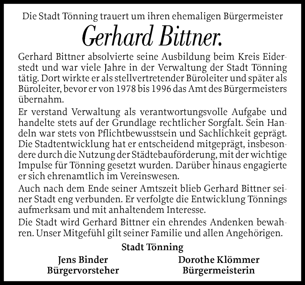  Traueranzeige für Gerhard Bittner vom 06.01.2026 aus Husumer Nachrichten, Nordfriesland Tageblatt