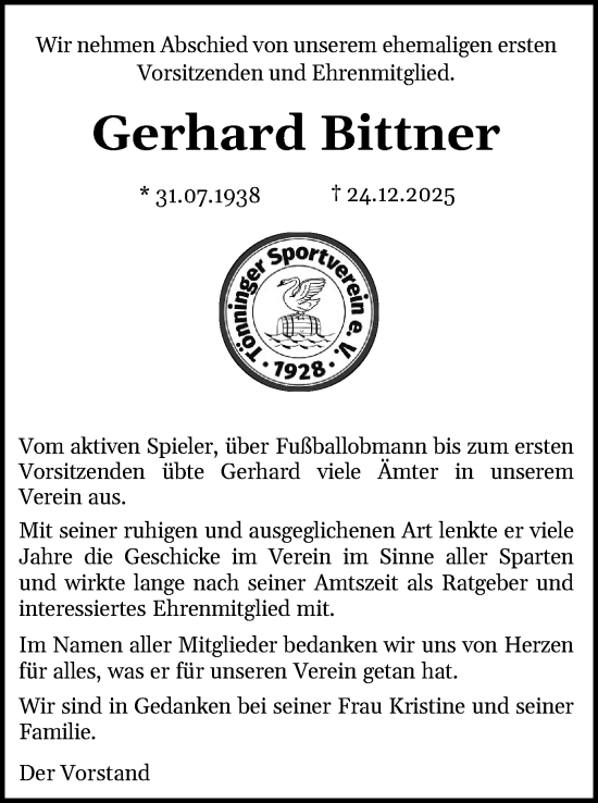 Traueranzeige von Gerhard Bittner von Husumer Nachrichten, Nordfriesland Tageblatt