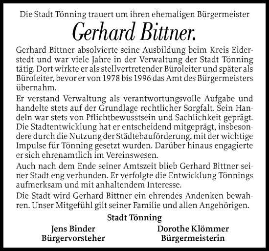 Traueranzeige von Gerhard Bittner von Husumer Nachrichten, Nordfriesland Tageblatt