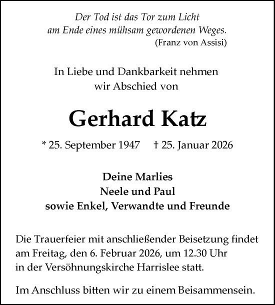 Traueranzeige von Gerhard Katz von Flensburger Tageblatt