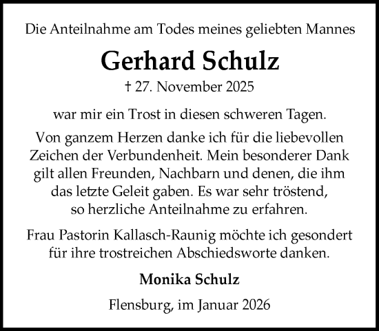 Traueranzeige von Gerhard Schulz von Flensburger Tageblatt