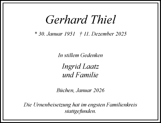 Traueranzeige von Gerhard Thiel von Wochenend Anzeiger
