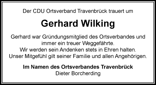 Traueranzeige von Gerhard Wilking von MARKT Bad Oldesloe/Reinfeld und Stormarner Tageblatt