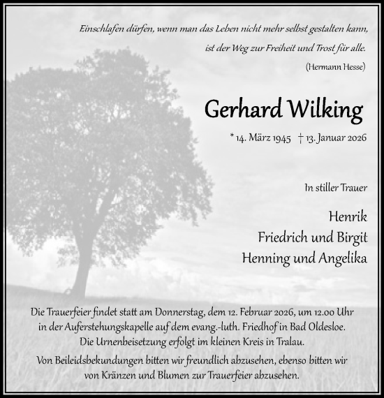 Traueranzeige von Gerhard Wilking von MARKT Bad Oldesloe/Reinfeld und Stormarner Tageblatt