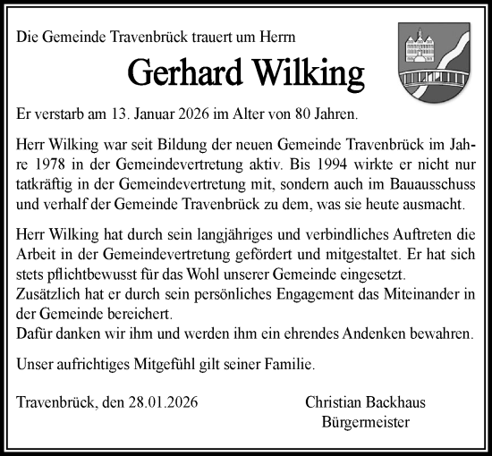 Traueranzeige von Gerhard Wilking von MARKT Bad Oldesloe/Reinfeld und Stormarner Tageblatt