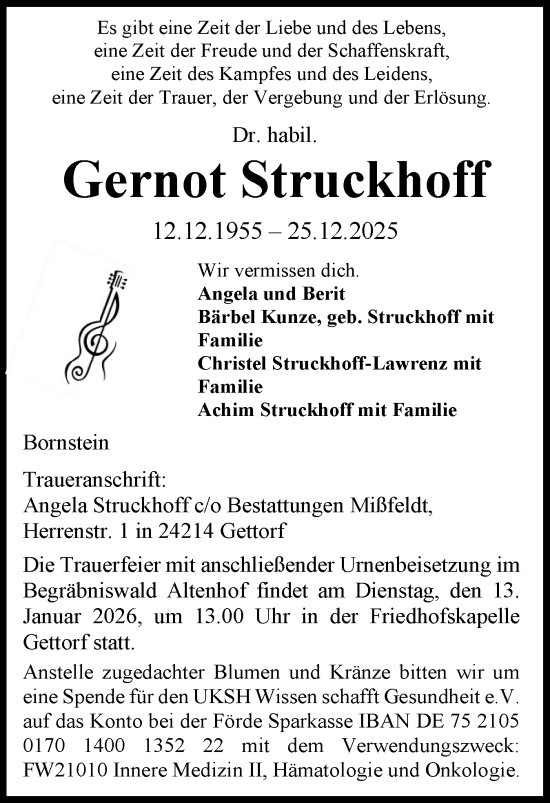 Traueranzeige von Gernot Struckhoff von Schleswiger Nachrichten, Schlei-Bote
