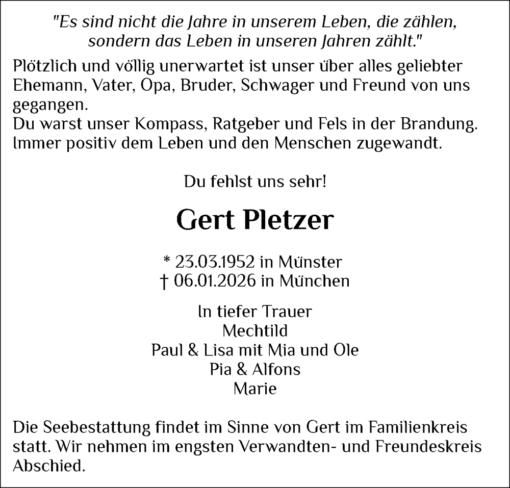  Traueranzeige für Gert Pletzer vom 24.01.2026 aus Wedel-Schulauer Tageblatt, tip Wedel-Schulauer Tageblatt, tip Rissener Rundschau