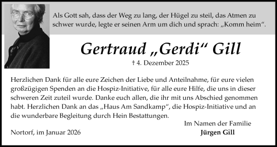 Traueranzeige von Gertraud Gill von Schleswig-Holsteinische Landeszeitung