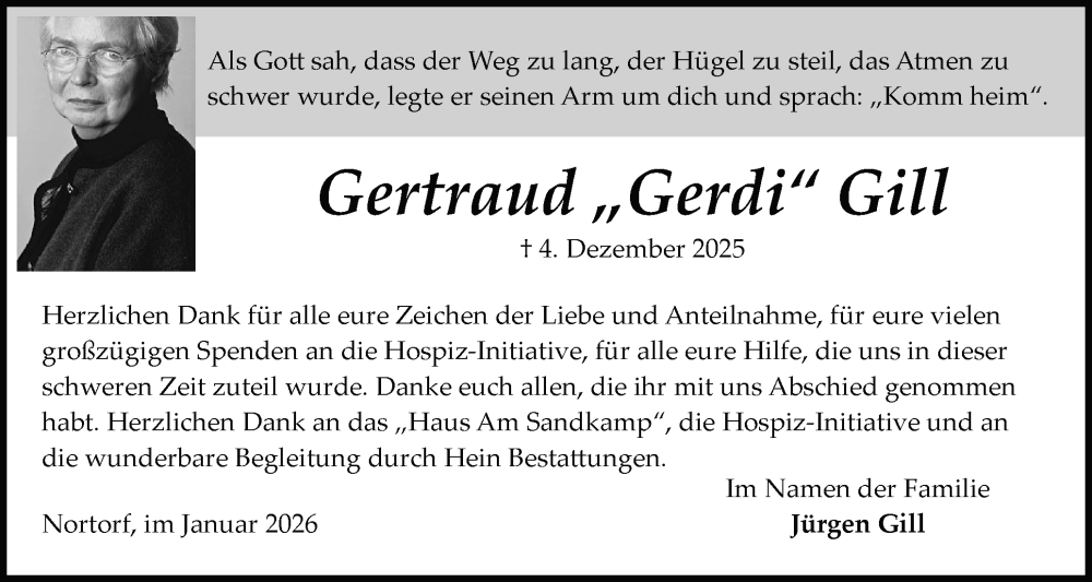  Traueranzeige für Gertraud Gill vom 03.01.2026 aus Schleswig-Holsteinische Landeszeitung