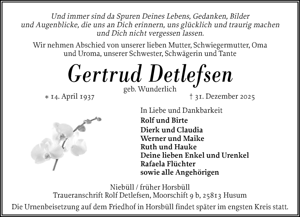  Traueranzeige für Gertrud Detlefsen vom 09.01.2026 aus Husumer Nachrichten, Nordfriesland Tageblatt