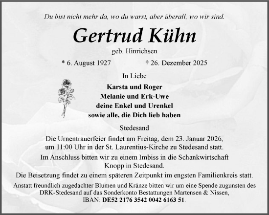 Traueranzeige von Gertrud Kühn von Husumer Nachrichten, Nordfriesland Tageblatt