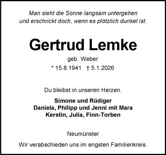 Traueranzeige von Gertrud Lemke von Holsteinischer Courier