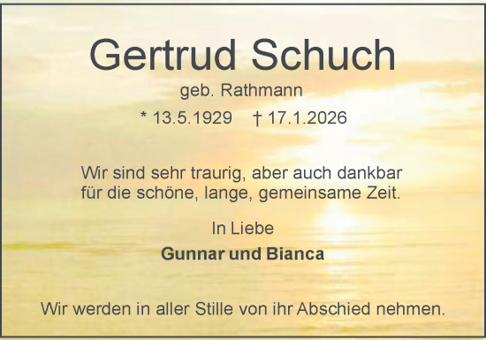 Traueranzeige von Gertrud Schuch von Holsteinischer Courier