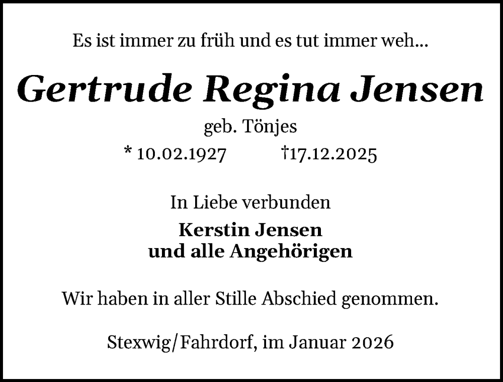  Traueranzeige für Gertrude Regina Jensen vom 31.01.2026 aus Schleswiger Nachrichten, Schlei-Bote