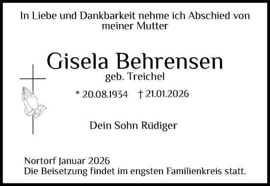 Traueranzeige von Gisela Behrensen von Schleswig-Holsteinische Landeszeitung