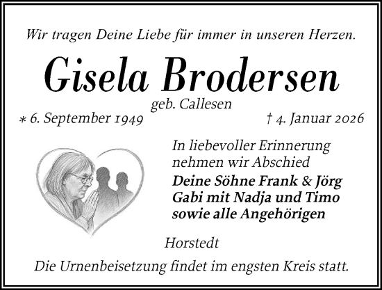 Traueranzeige von Gisela Brodersen von Husumer Nachrichten, Nordfriesland Tageblatt