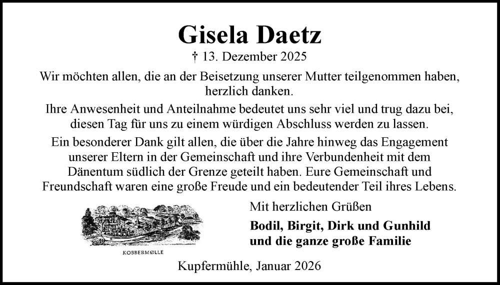  Traueranzeige für Gisela Daetz vom 08.01.2026 aus Flensburger Tageblatt