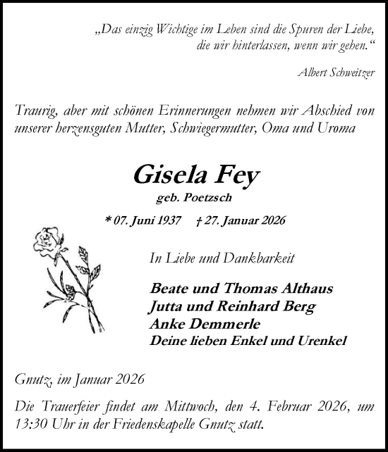 Traueranzeige von Gisela Fey von Schleswig-Holsteinische Landeszeitung