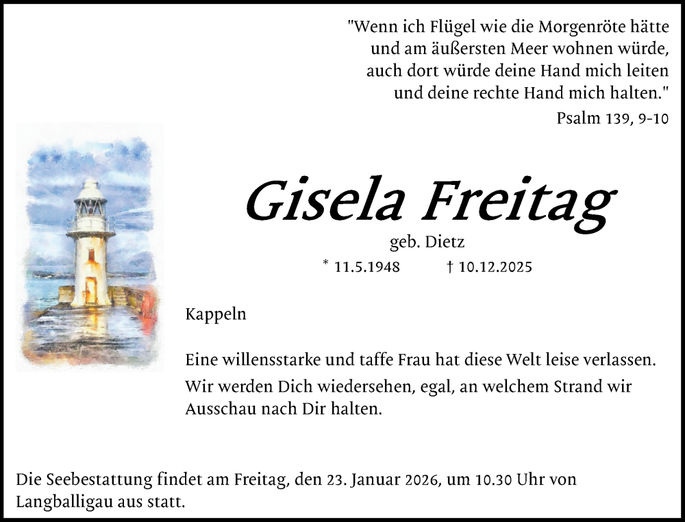  Traueranzeige für Gisela Freitag vom 10.01.2026 aus Schleswiger Nachrichten, Schlei-Bote