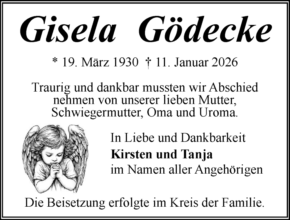  Traueranzeige für Gisela Gödecke vom 24.01.2026 aus Husumer Nachrichten, Nordfriesland Tageblatt