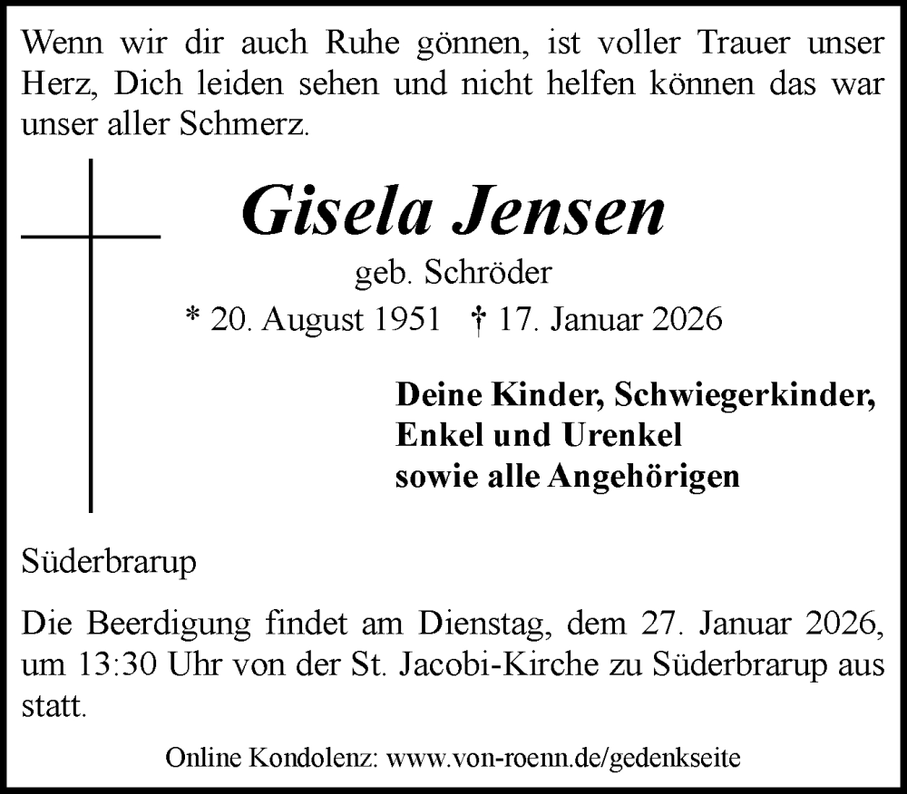  Traueranzeige für Gisela Jensen vom 21.01.2026 aus Schleswiger Nachrichten, Schlei-Bote