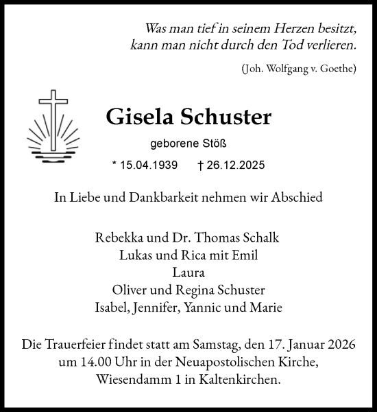 Traueranzeige von Gisela Schuster von Heimatspiegel