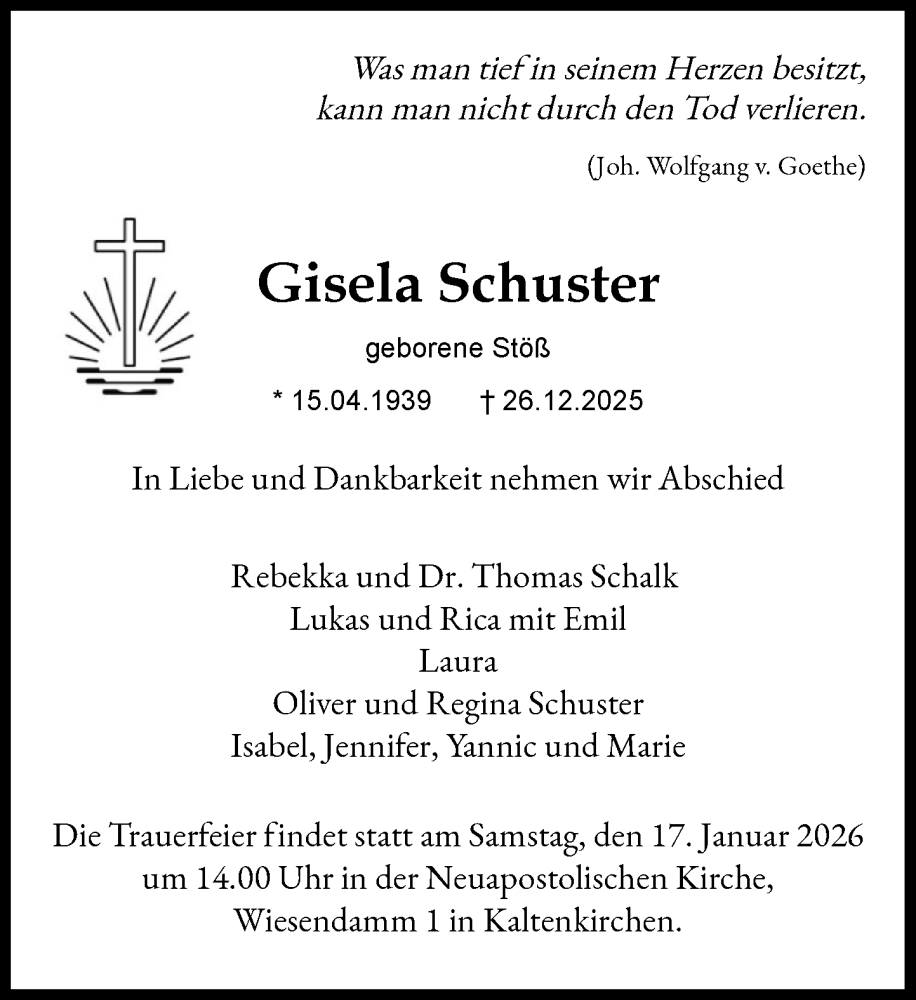  Traueranzeige für Gisela Schuster vom 10.01.2026 aus Heimatspiegel