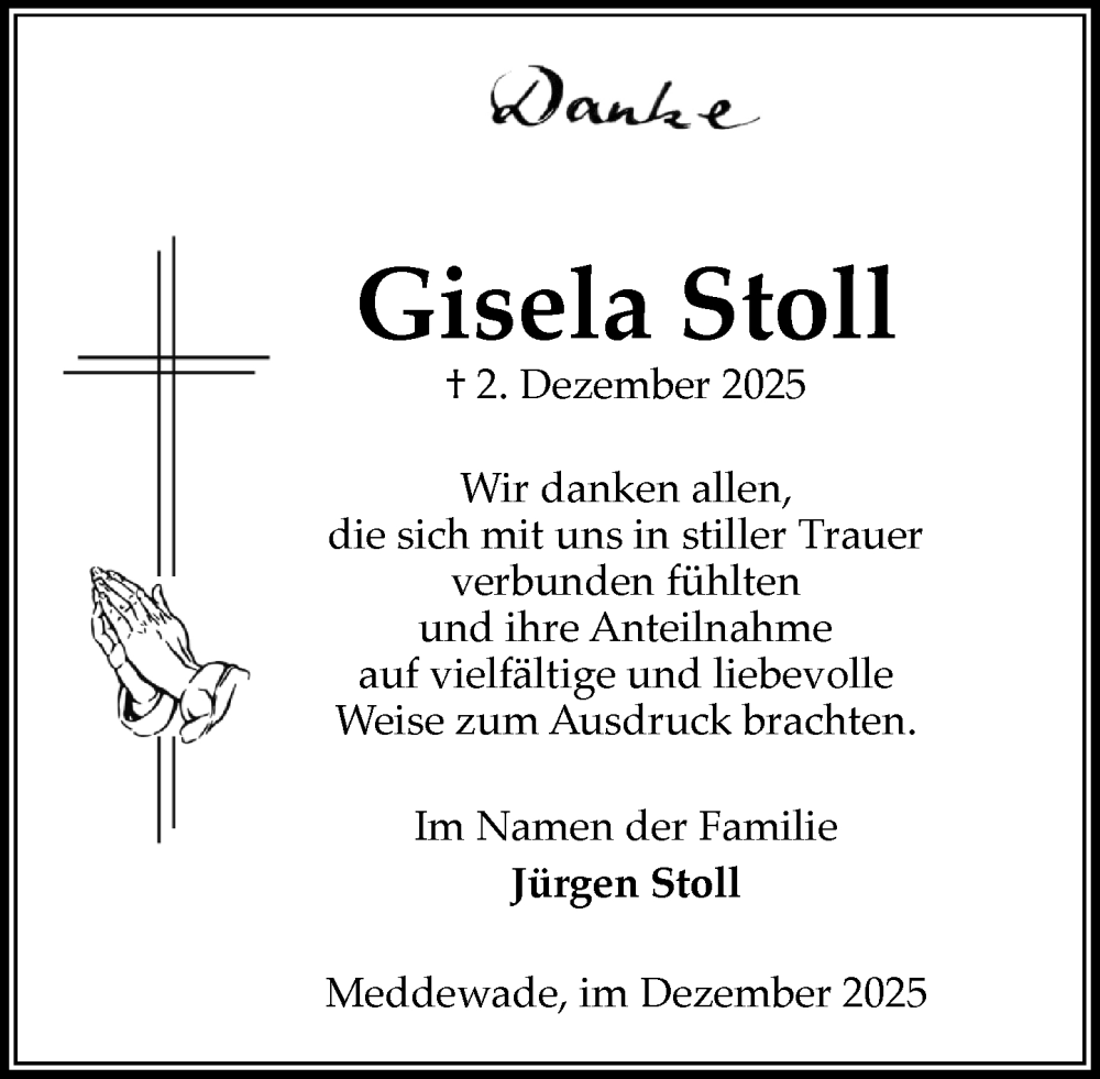  Traueranzeige für Gisela Stoll vom 10.01.2026 aus MARKT Bad Oldesloe/Reinfeld und Stormarner Tageblatt