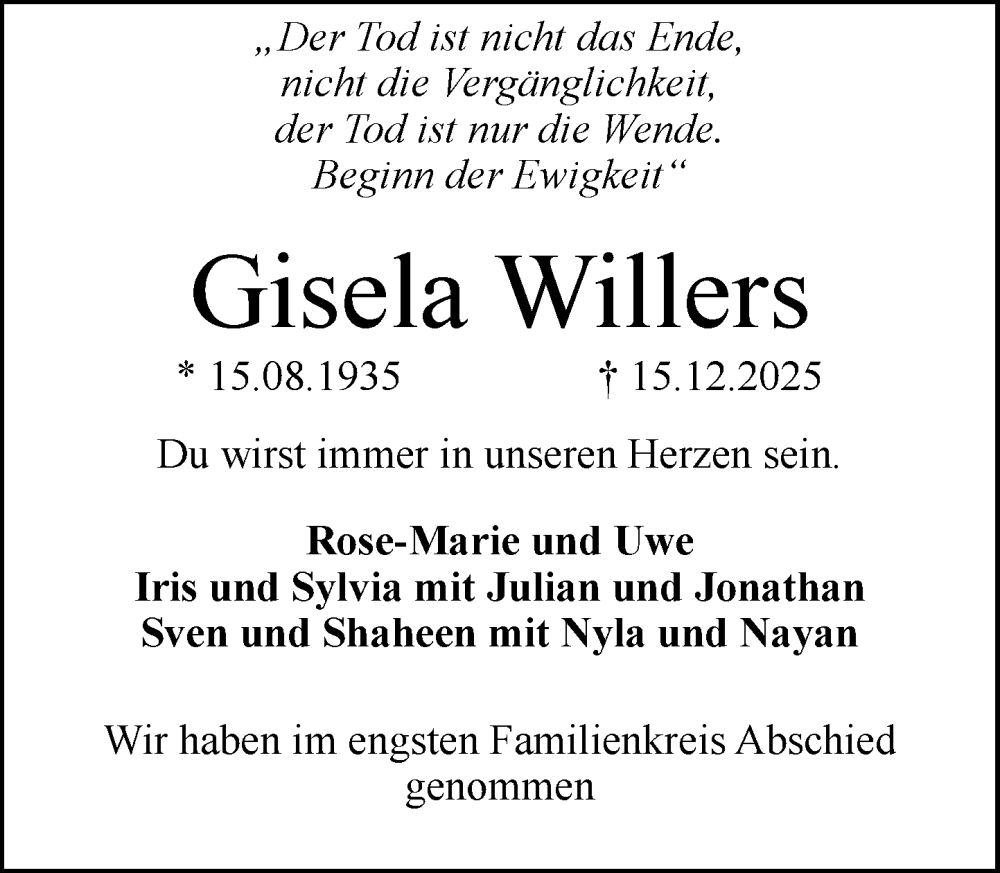  Traueranzeige für Gisela Willers vom 17.01.2026 aus MARKT Ratzeburg/Mölln