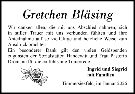 Traueranzeige von Gretchen Bläsing von Flensburger Tageblatt