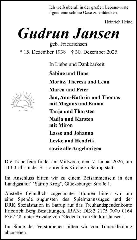 Traueranzeige von Gudrun Jansen von Flensburger Tageblatt