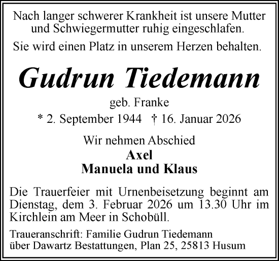 Traueranzeige von Gudrun Tiedemann von Husumer Nachrichten, Nordfriesland Tageblatt