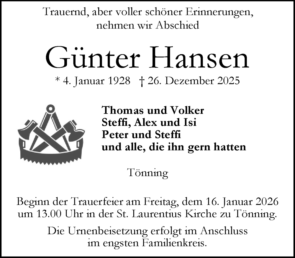  Traueranzeige für Günter Hansen vom 10.01.2026 aus Die WochenSchau Gesamtausgabe