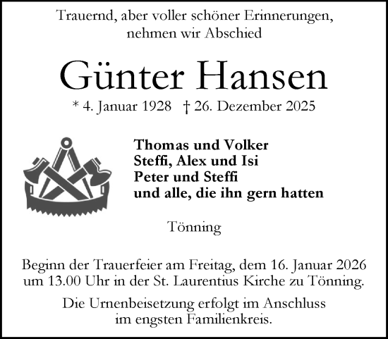 Traueranzeige von Günter Hansen von Die WochenSchau Gesamtausgabe