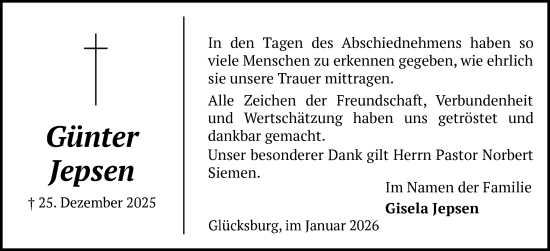 Traueranzeige von Günter Jepsen von Flensburger Tageblatt